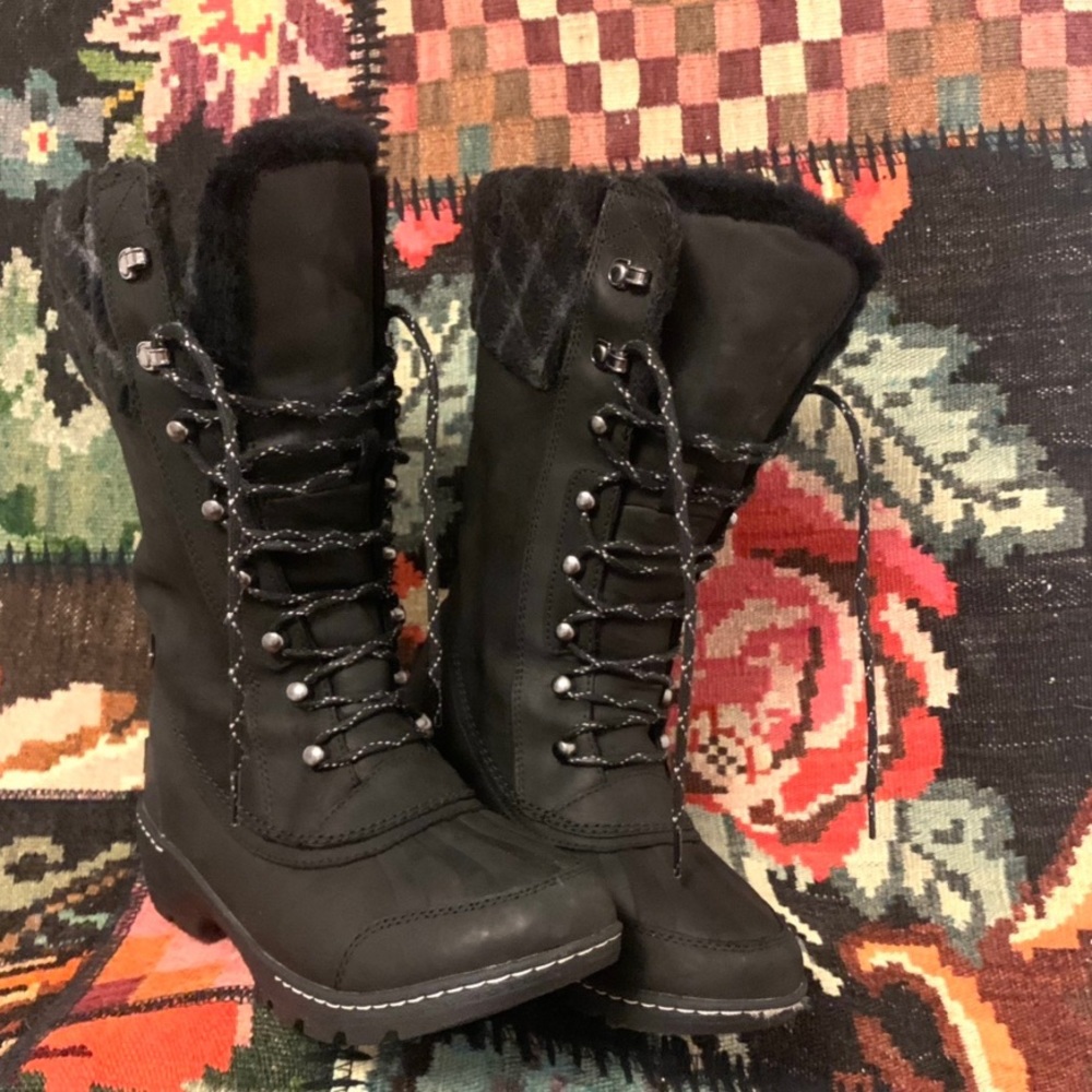 Sorel black TALL LACE WINTER BOOT insulated Checkerboard fleece Round toe shoes